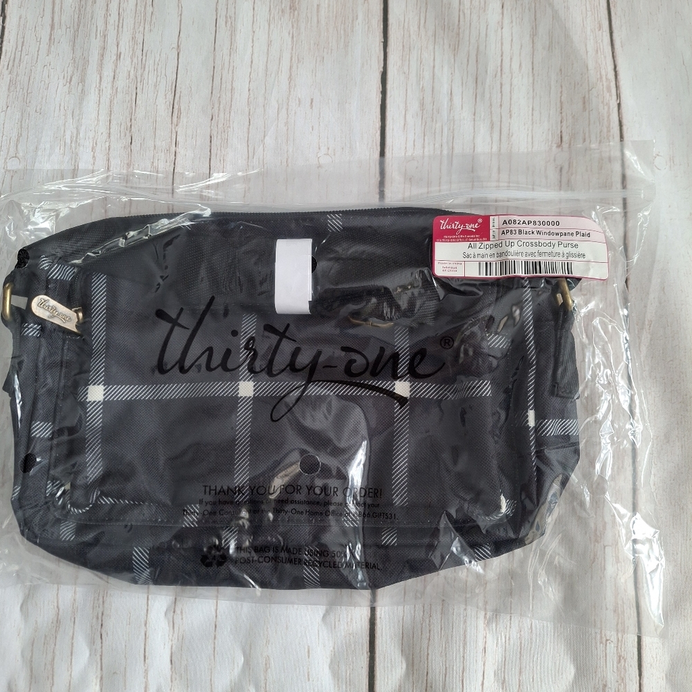 Thirty-One All Zipped Up Crossbody Purse Black Windowpane Plaid NWT